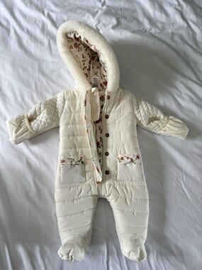 Plush-Lined Cream Baby One-Piece Footie with Floral Trim